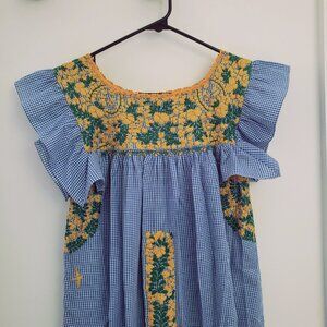 Mi Golondrina Soledad Midi Dress Size XS Blue Yellow Floral Ruffle NWOT